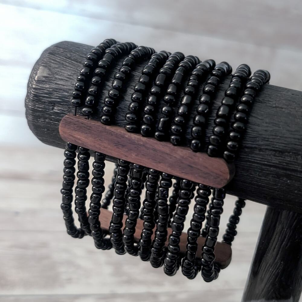 Vintage Stretch Bracelet Bangle - Wide Black Beads with Brown Wood